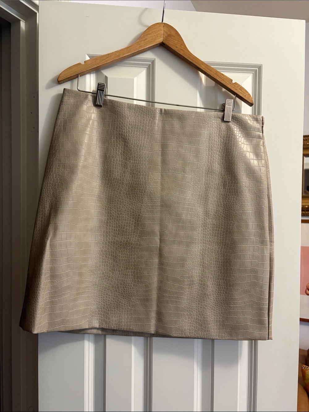Cache Croc-Embossed Mini Skirt in Taupe